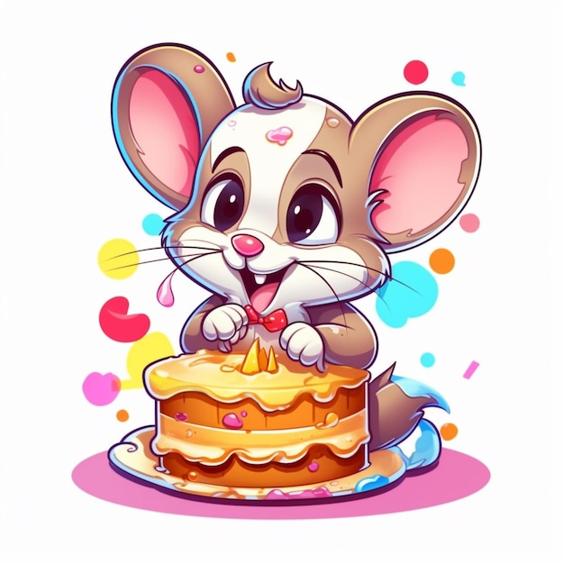 Cartoon mouse with a birthday cake and confetti generative ai