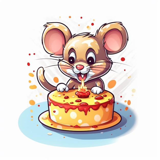 Cartoon mouse with birthday cake on white background generative ai