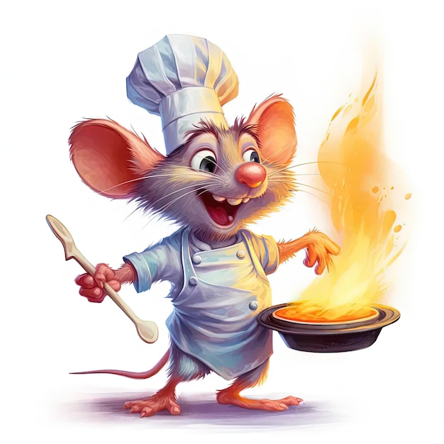 A cartoon mouse with a chefs hat and cooking utensils