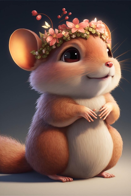 Cartoon mouse with a flower crown on its head generative ai