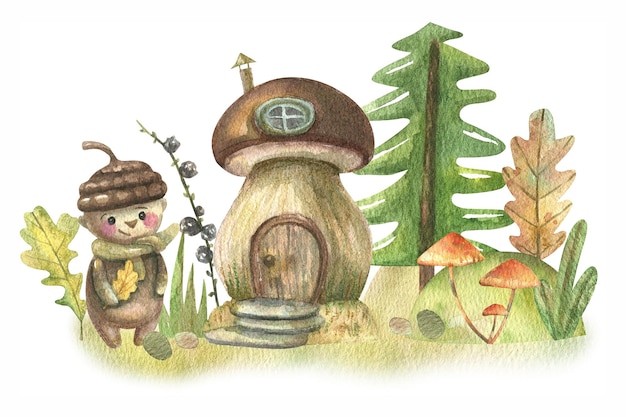 Cartoon mushroom house, forest herbs, flowers, trees and a lively revived acorn-boy.