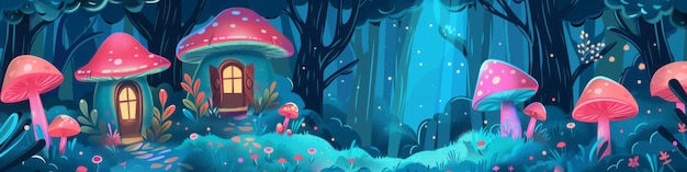 Photo cartoon mushroom house in the night forest