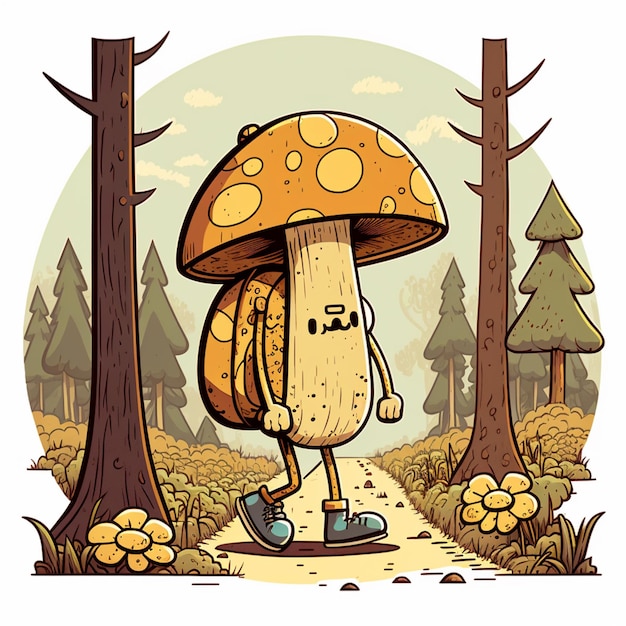 Photo cartoon mushroom with backpack walking in the woods generative ai