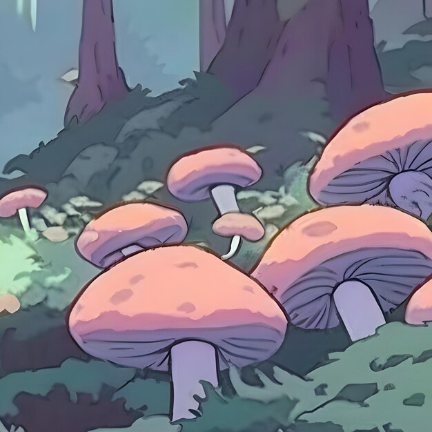 Photo a cartoon of mushrooms with a pink background and a green grass background