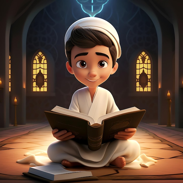 cartoon muslim boy reading a book