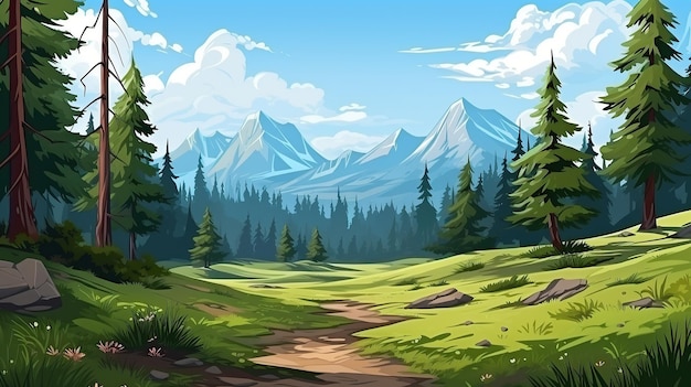 Cartoon nature landscape with mountain in forest deciduous trees trunks clearance AI Generative AI Gene