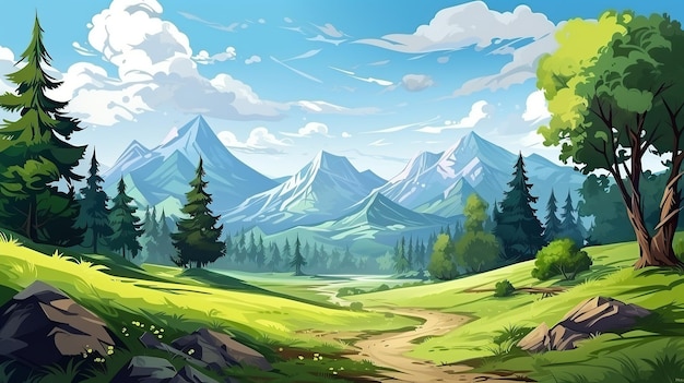 Cartoon nature landscape with mountain in forest deciduous trees trunks clearance AI Generative AI Gene