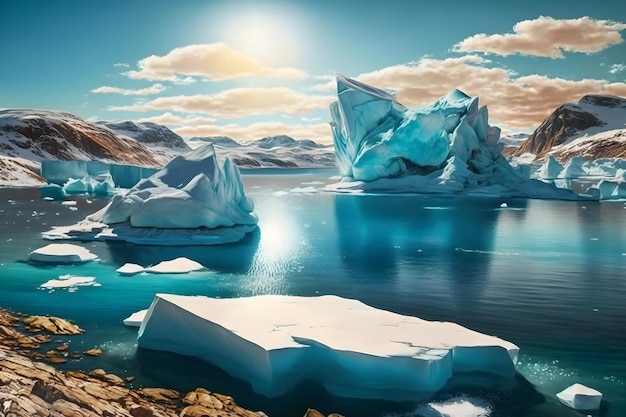 Cartoon nature winter arctic landscape with iceberg Neural network AI generated