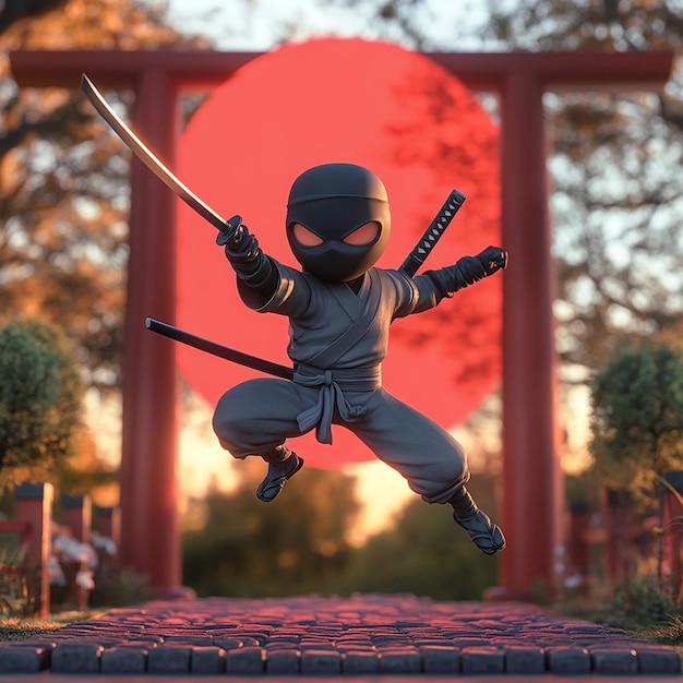 Photo a cartoon ninja in a gray suit and black mask jumps