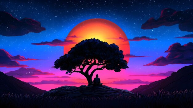 Photo cartoon ninja resting under a tree during sunset landscape