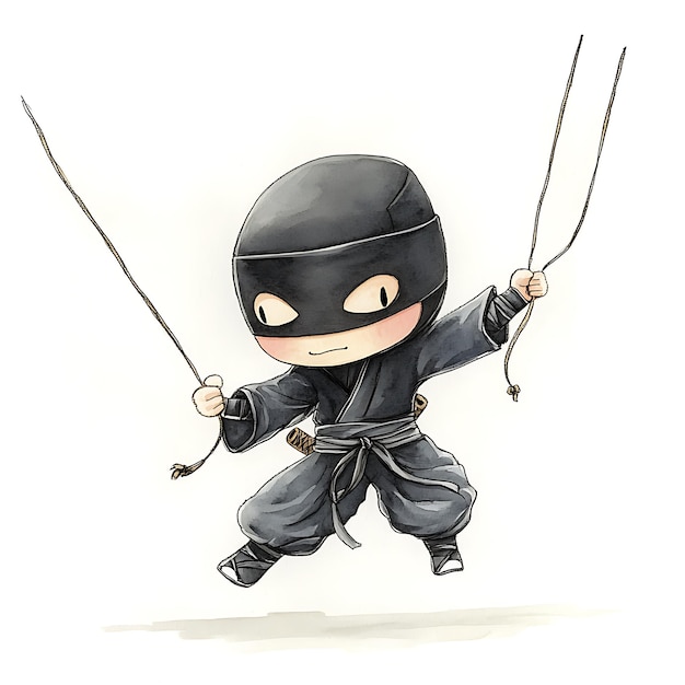 Photo cartoon ninja swinging on ropes