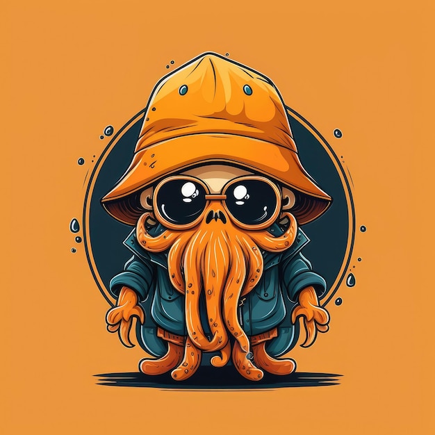 A cartoon octopus character with a hat and glasses