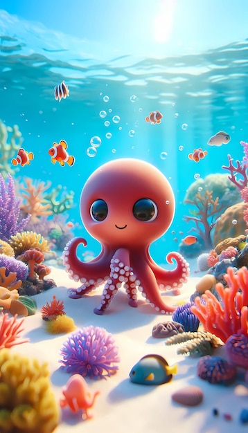 Photo a cartoon octopus with a smile on its face is under a coral reef