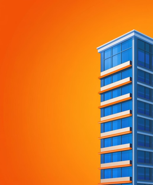 Cartoon Office Building on Orange Background with Copy Space