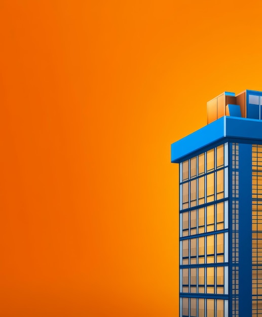 Photo cartoon office building on orange background with copy space