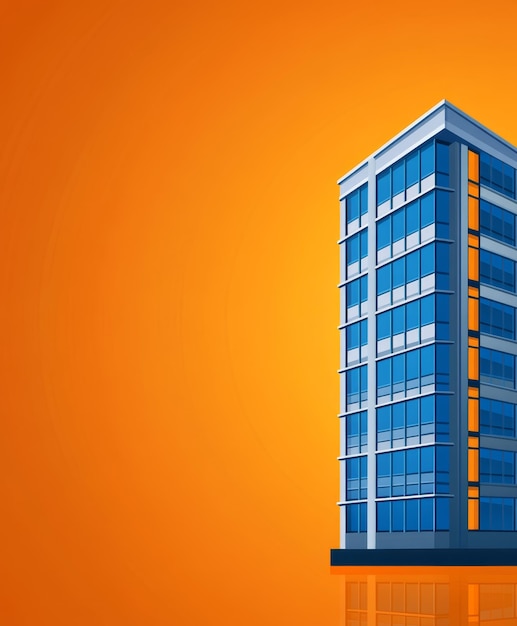 Cartoon Office Building on Panoramic Orange Background with Copy Space