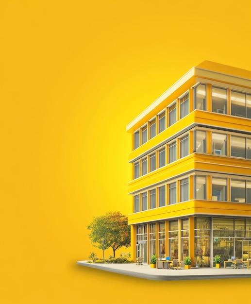 Cartoon Office Building on Panoramic Yellow Background with Copy Space