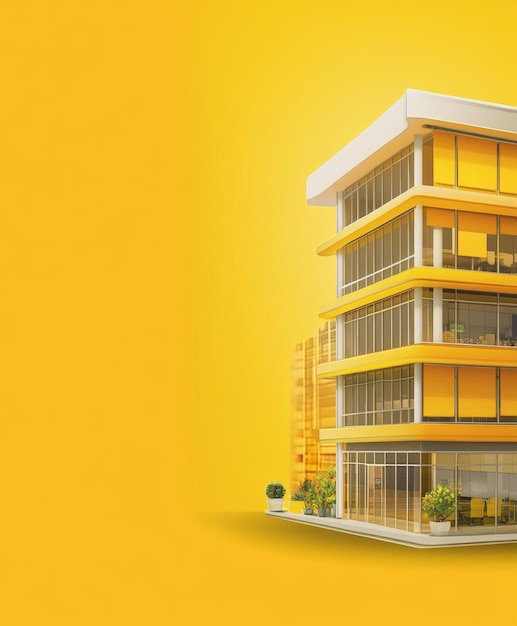 Cartoon Office Building on Panoramic Yellow Background with Copy Space