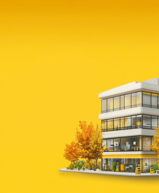 Cartoon Office Building on Panoramic Yellow Background with Copy Space