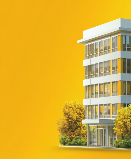 Cartoon Office Building on Yellow Background with Copy Space