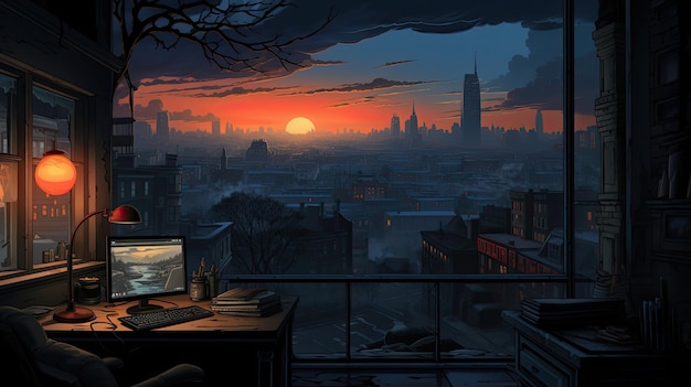 Cartoon office with a desk computer and large window gazing out at a futuristic metropolis shelf