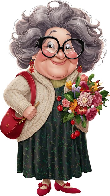 Photo a cartoon of an old lady with a bouquet of flowers