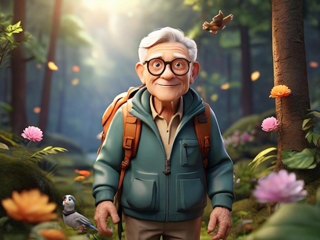 a cartoon of an old man with glasses and a book bag