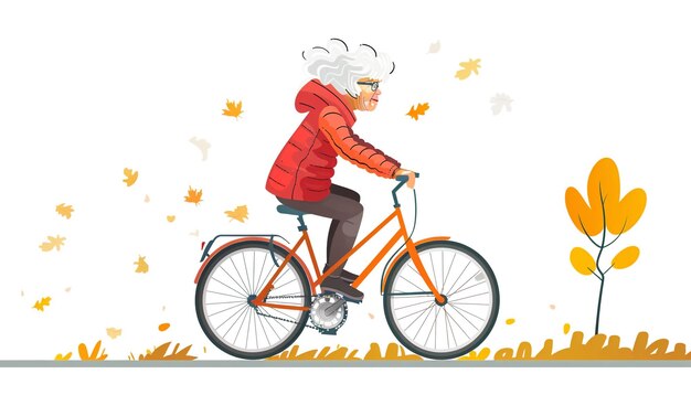 Cartoon old woman riding a bicycle pure white background