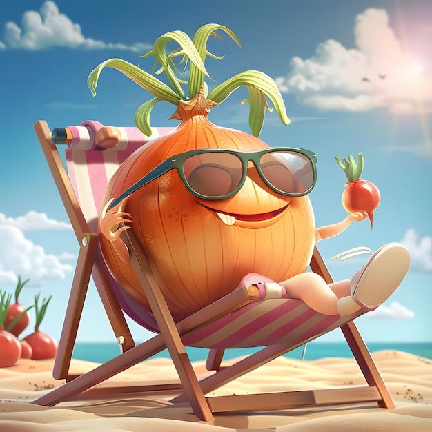 Photo cartoon onion relaxing on a beach chair while holding a radish under a sunny sky