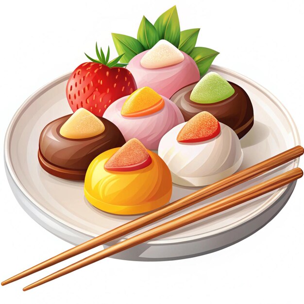 Photo cartoon opened mochi daifuku in plate with chopsticks japanese food dessert in strawberry