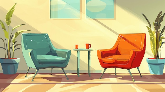 a cartoon of orange and blue chairs and a coffee table