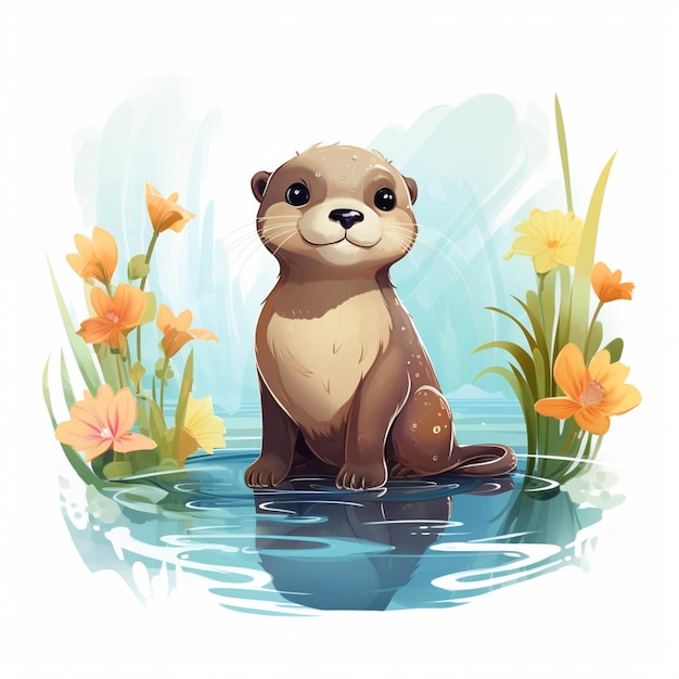 Cartoon otter sitting in the water surrounded by flowers and grass generative ai