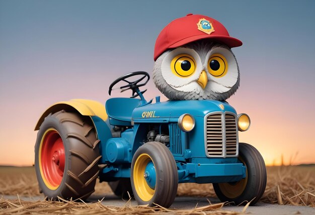 Photo a cartoon owl driving a blue tractor with a friendly expression and large eyes with white background