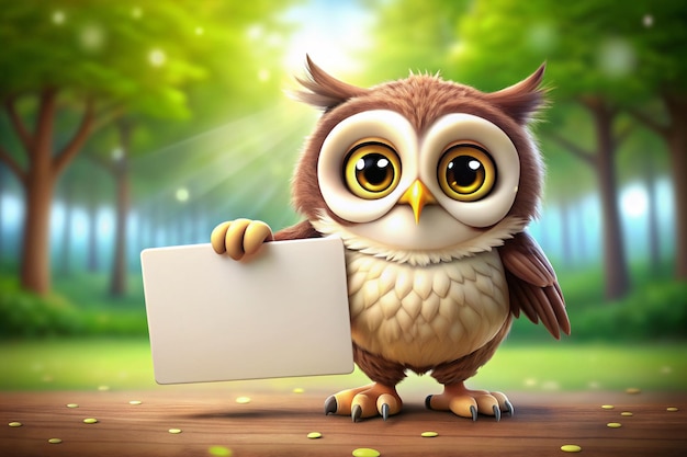 Photo a cartoon owl holding a blank card with a background of trees and a forest in the background