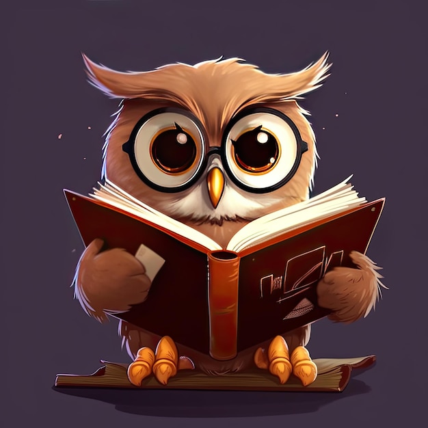 A cartoon owl is reading a book with a dark background.