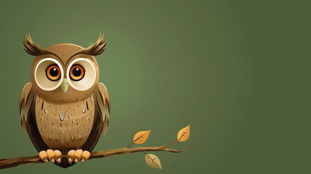 A cartoon owl perched on a branch with leaves