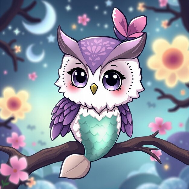 Photo a cartoon owl sits on a branch with flowers in the background