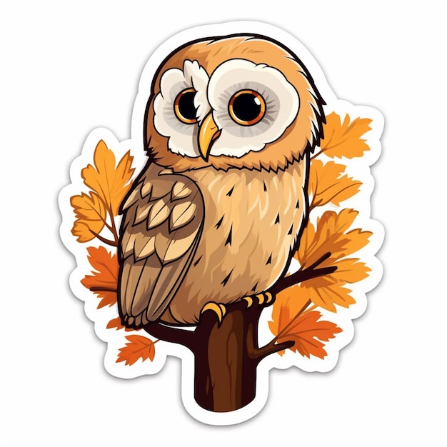 cartoon owl sitting on a branch with leaves and leaves around it generative ai