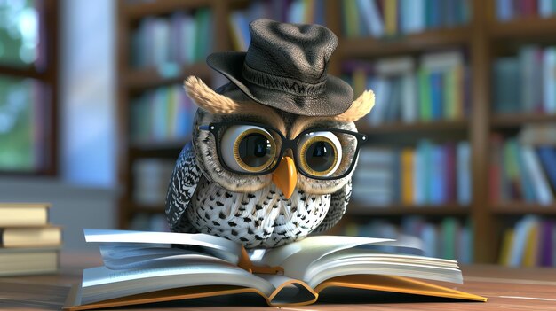 Photo a cartoon owl wearing a hat and glasses reads a book