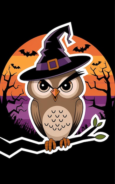 Photo cartoon owl wearing a witch hat on a branch