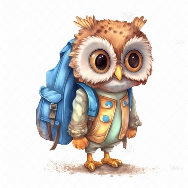 Photo cartoon owl with backpack and backpack on white background generative ai