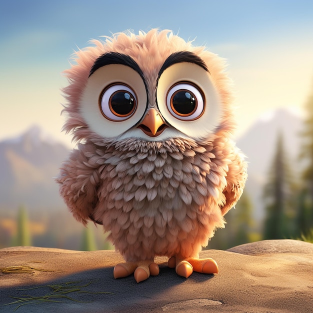 a cartoon owl with big eyes and a mountain background