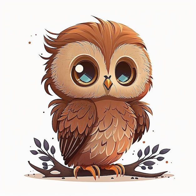 A cartoon owl with big eyes sits on a branch.