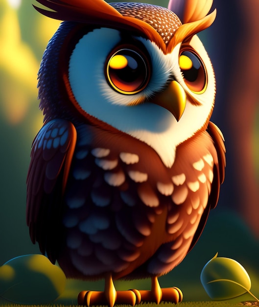 A cartoon owl with big eyes sits on a branch.