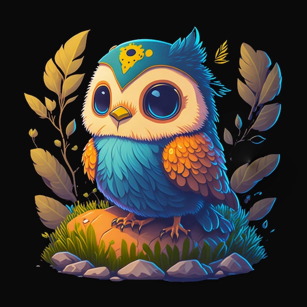 Cartoon owl with blue eyes sits on a rock