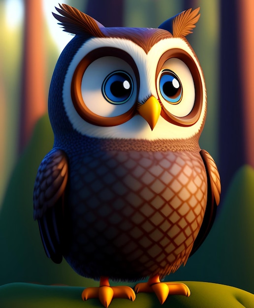 A cartoon owl with a blue and white face and a brown and white face.