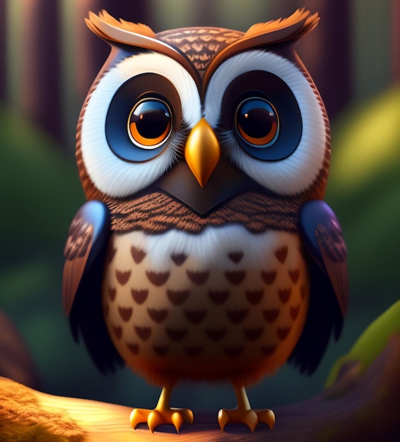 A cartoon owl with a heart on its face is sitting on a branch.