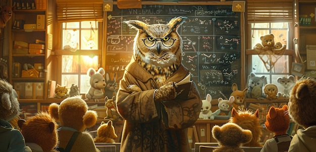 Photo a cartoon owl with an owl on his chest stands in front of a chalkboard