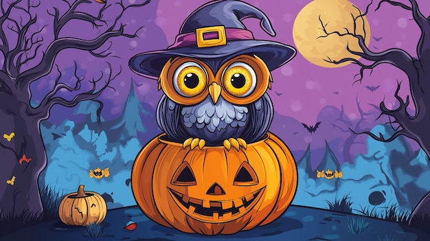 Photo a cartoon owl with a pumpkin