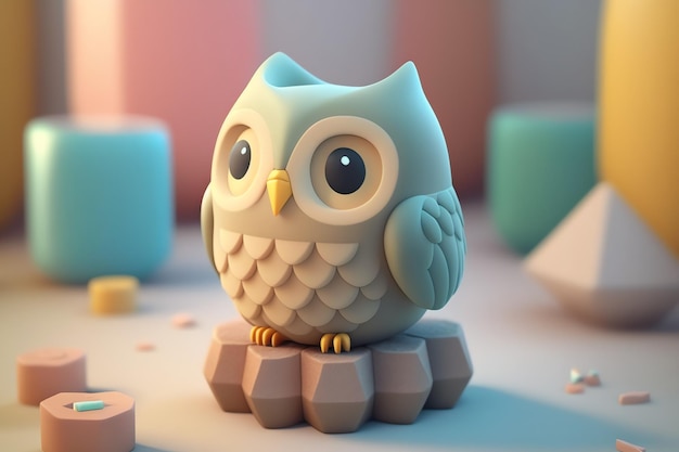 Cartoon owl with soft pastel color and a perfectly detailed entire body 3D cute owl avatar